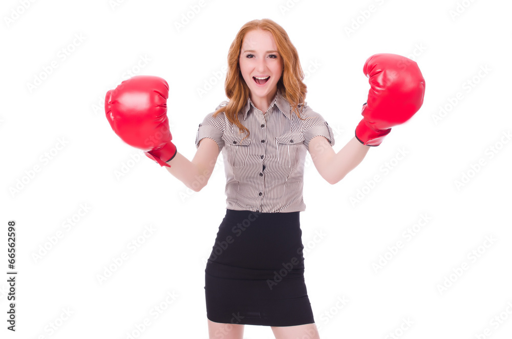Woman businesswoman with boxing gloves on white Woman businesswoman with boxing gloves on white