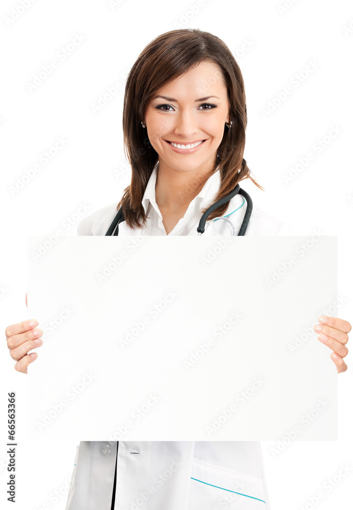 Doctor showing signboard with copyspace, on white Doctor showing signboard with copyspace, on white