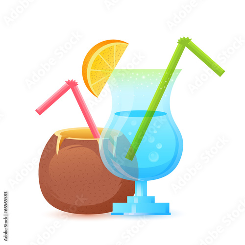 Fresh cocktails in glass and coconut with straws isolated