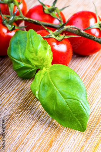 Cherry tomatoes and basil leaves