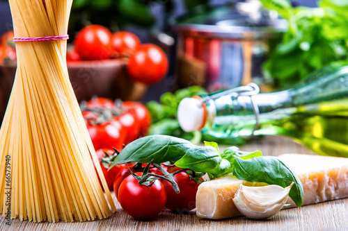 Italian food.Some ingredients for spaghetti. photo