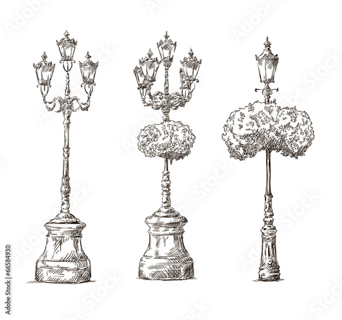street lamps. Lamp posts drawings. Sketch. Freehand.