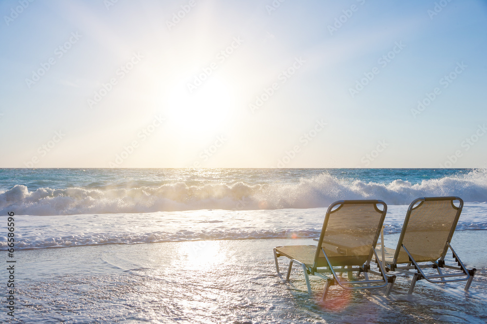 Sunbeds on Kathisma beach in Lefkada