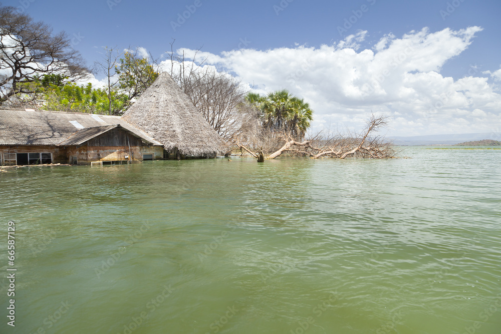 Flooded resort at Lake Baringo in Kenya.