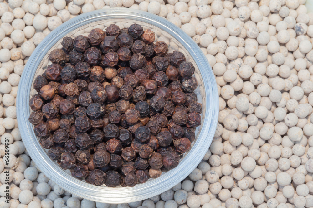 Black peppercorn in cup on the white peppercorn background Black peppercorn in cup on the white peppercorn background