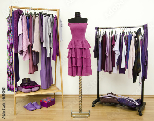 Wardrobe with purple clothes on hangers and a dress on manequin.
