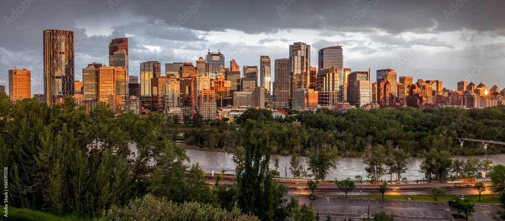 Calgary skyline at night with Bow River - obrazy, fototapety, plakaty 