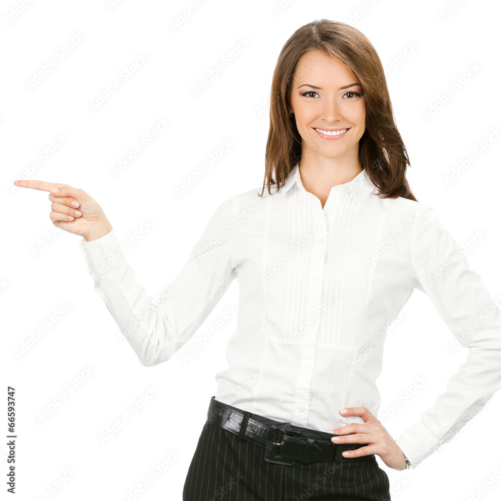 Business woman showing something, isolated Business woman showing something, isolated