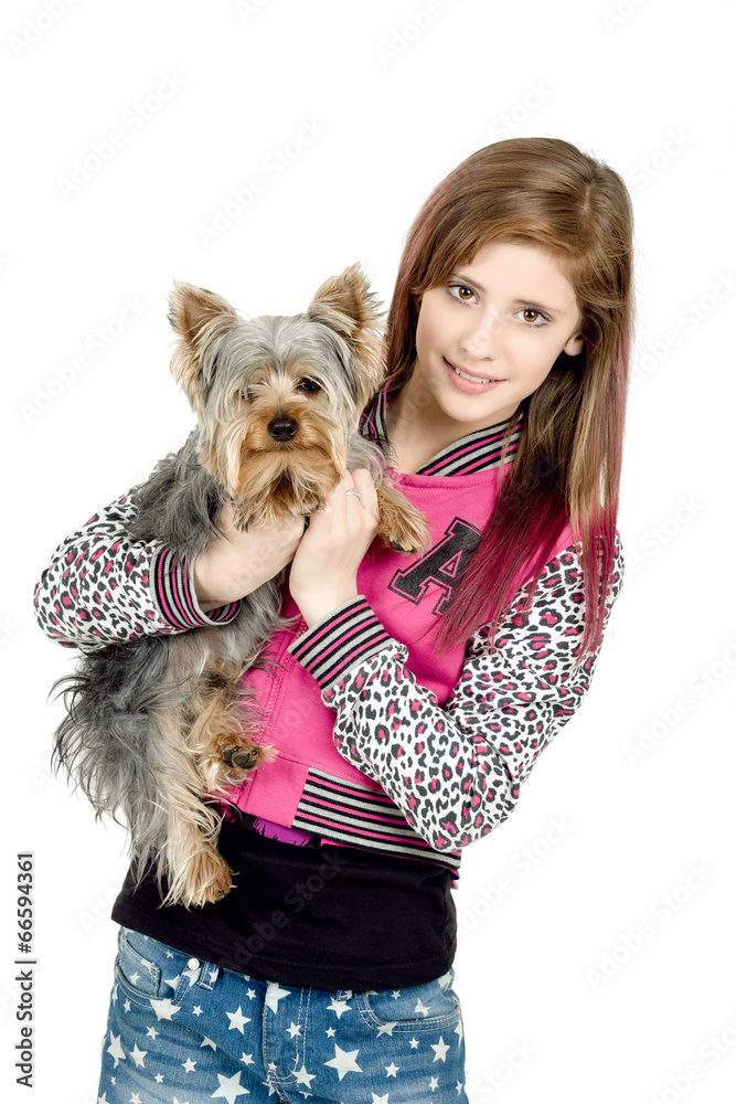 smiling young girl with her pet yorkshire smiling young girl with her pet yorkshire