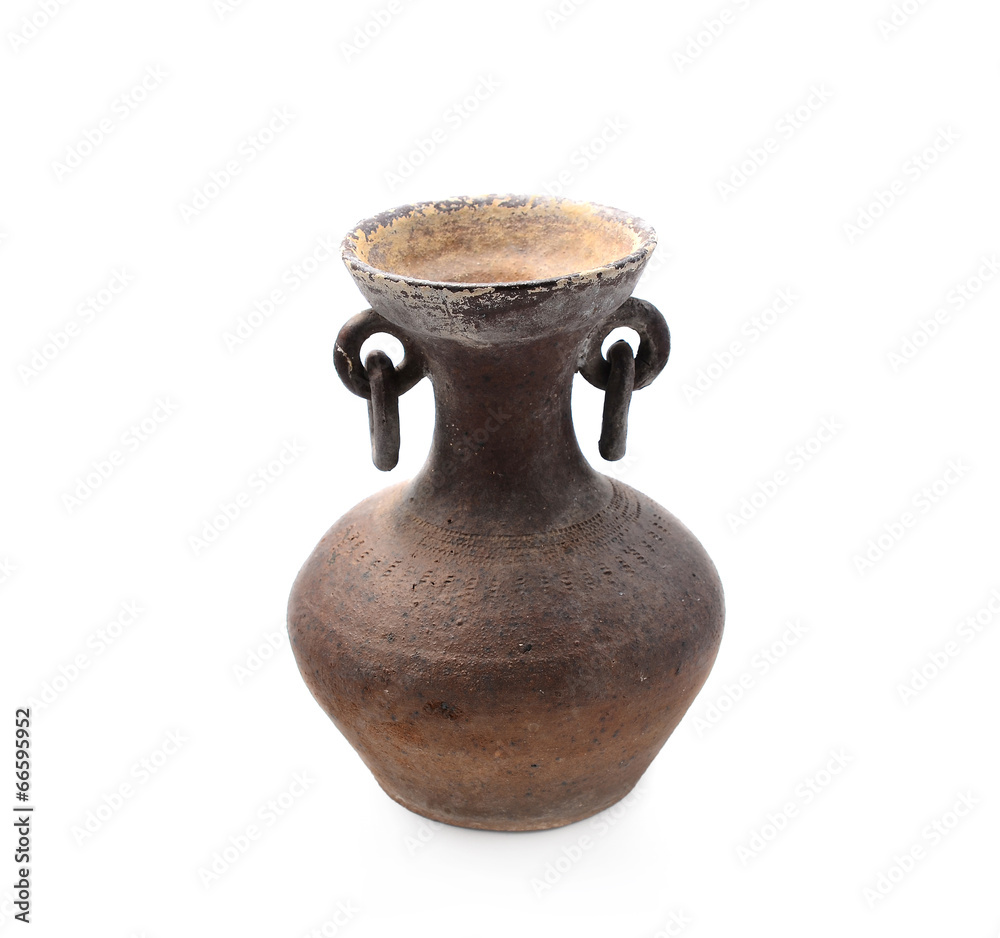Antique clay jar on a white background isolated