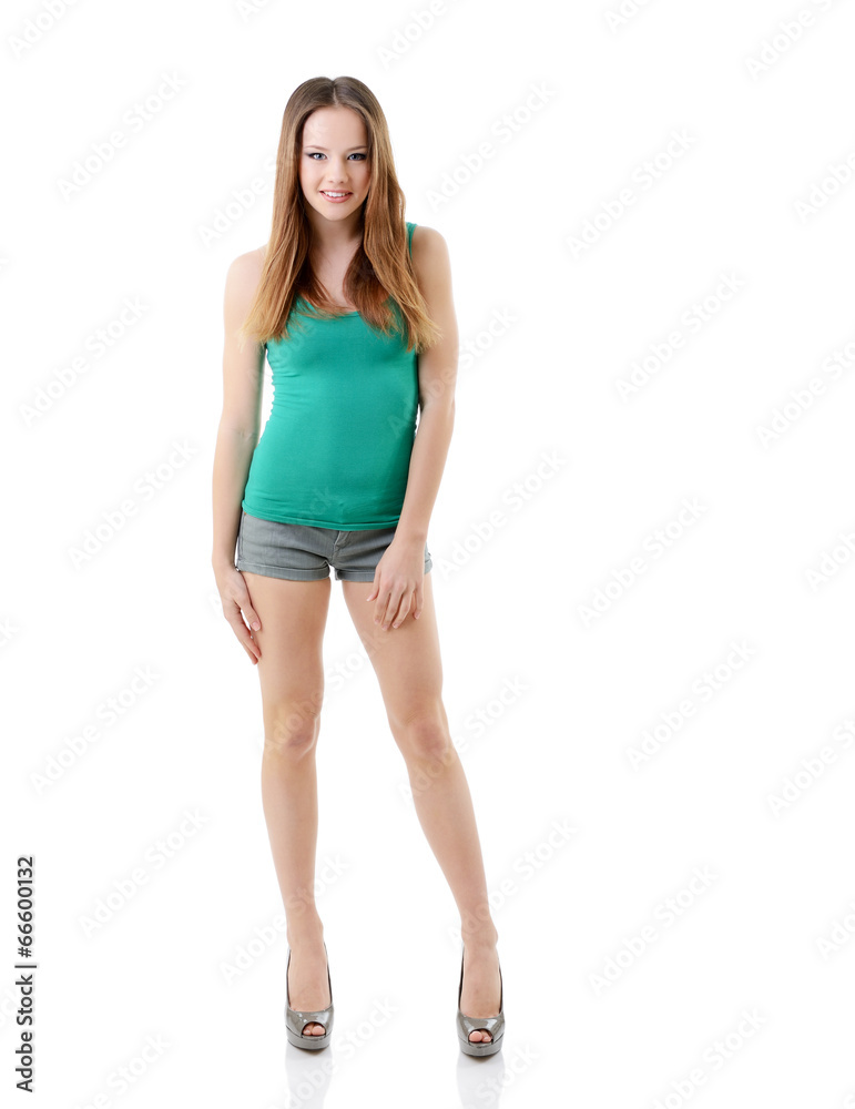 attractive happy teen girl in turquoise t-shirt, full length por attractive happy teen girl in turquoise t-shirt, full length por