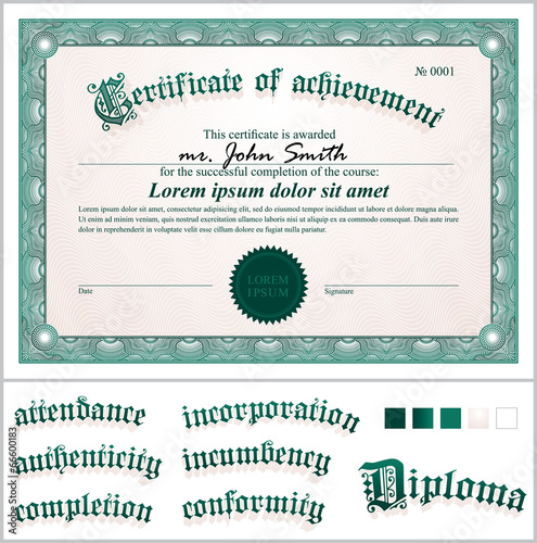 Vector illustration of green certificate. Template. Horizontal.