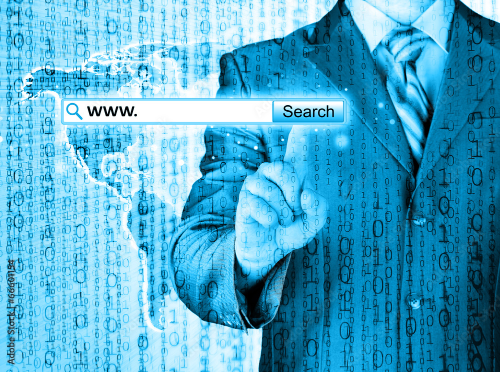 Businessman pushing virtual search bar Businessman pushing virtual search bar