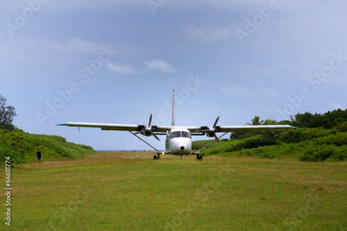 Plane takes off from Mystery Island, Vanuatu