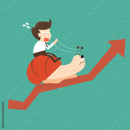 Businessman riding Snail slowly walk on arrow growth