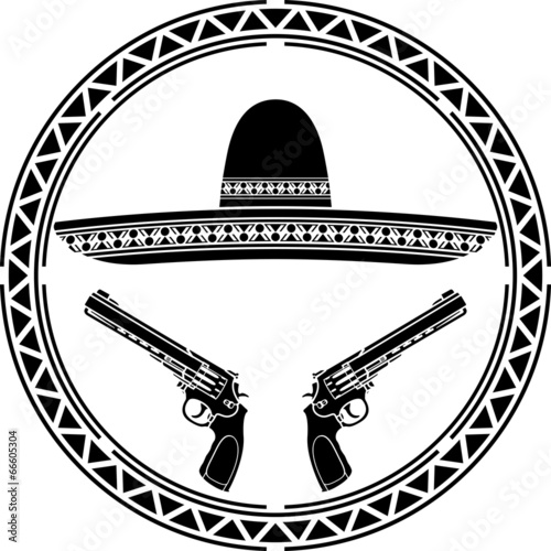stencil of mexican sombrero and two pistols. first variant