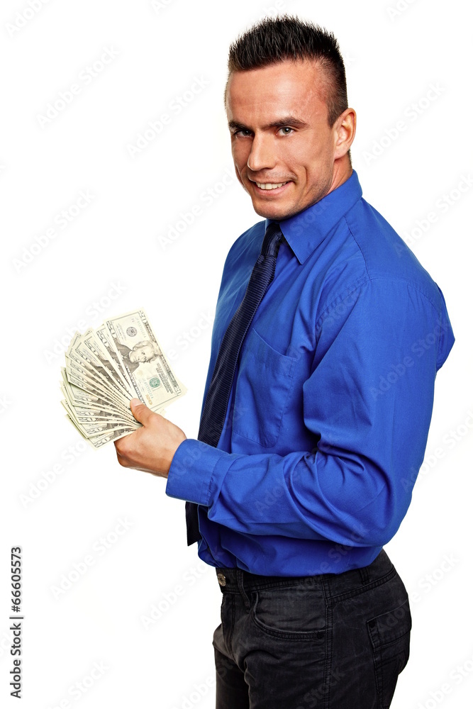 Smiling handsome businessman man shows you money Smiling handsome businessman man shows you money