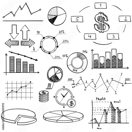 business finance doodle hand drawn elements with alphabet on