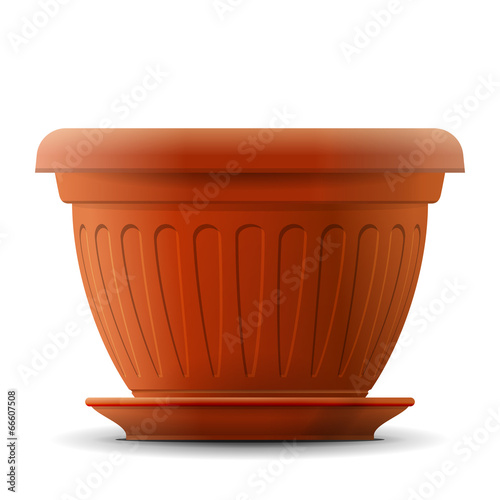 Empty flower pot with saucer. Front view of pot for plant