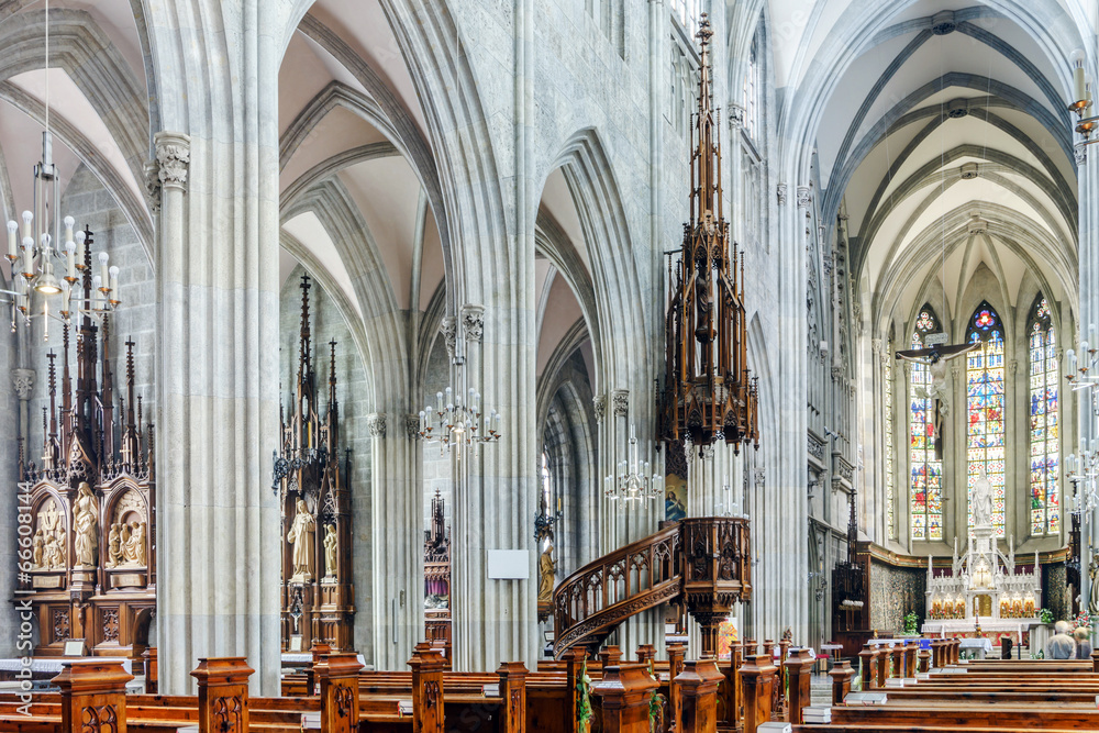 Majestic gothic cathedral interior.