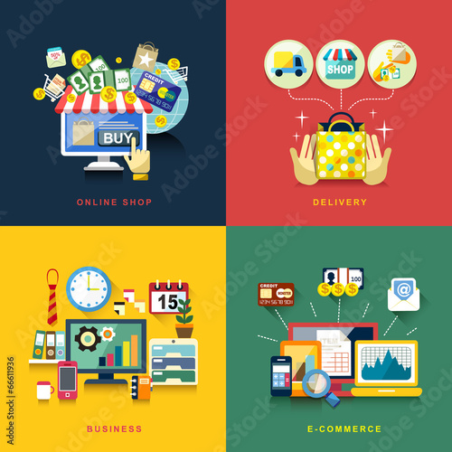 flat design for e-commerce, delivery, online shopping, business
