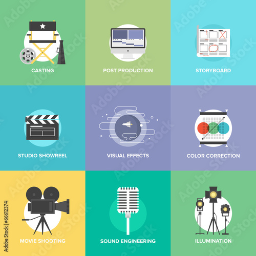 Film shooting and production flat icons set