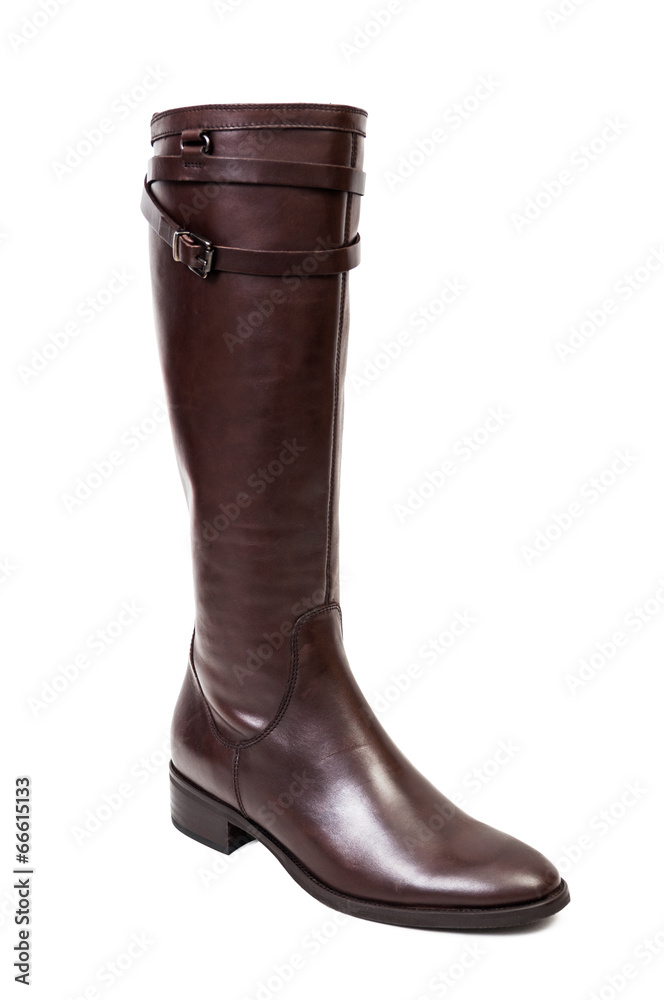 Brown leather boots for women isolated on white.