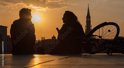 Brussels - Silhouette of pair ower the town on Monts des Arts