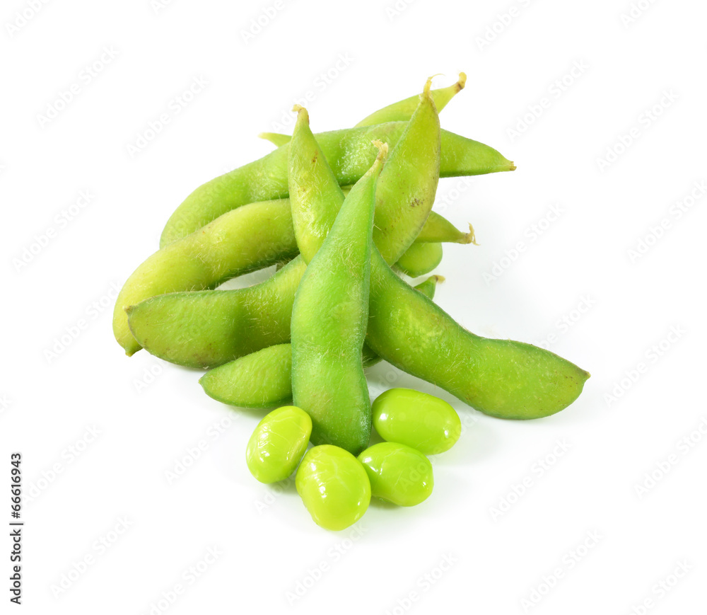 Green soybeans on white background Green soybeans on white background