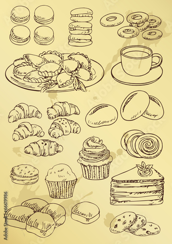 set of hand drawing  cakes and cookies
