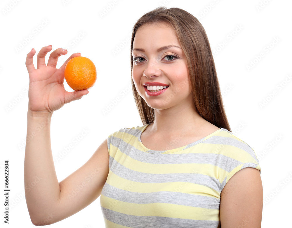 Beautiful girl with orange, isolated on white Beautiful girl with orange, isolated on white