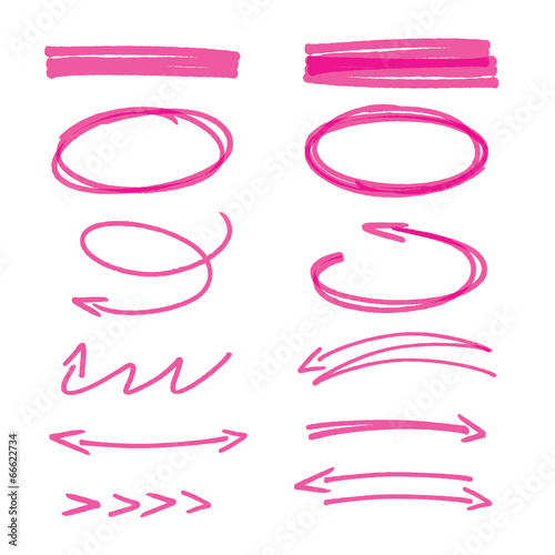 set of pink hand drawn arrows signs and highlighting elements