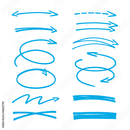 set of blue hand drawn arrows signs and highlighting elements