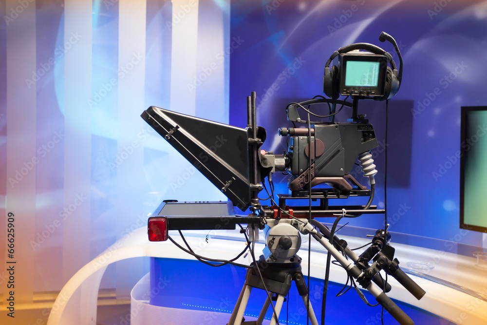 Naklejka premium TV NEWS studio with camera and lights