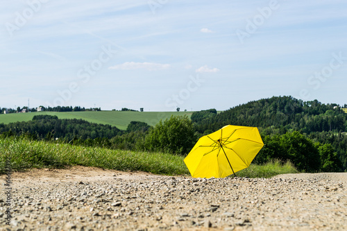 Regenschirm auf Feldweg