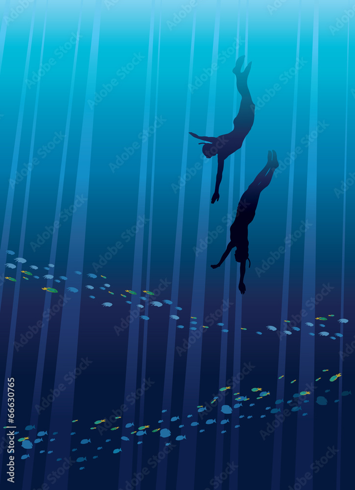 Obraz premium Two freedivers and school of fish.