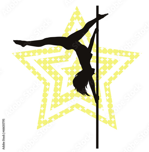 Pole dancer woman on star background. Vector silhouette
