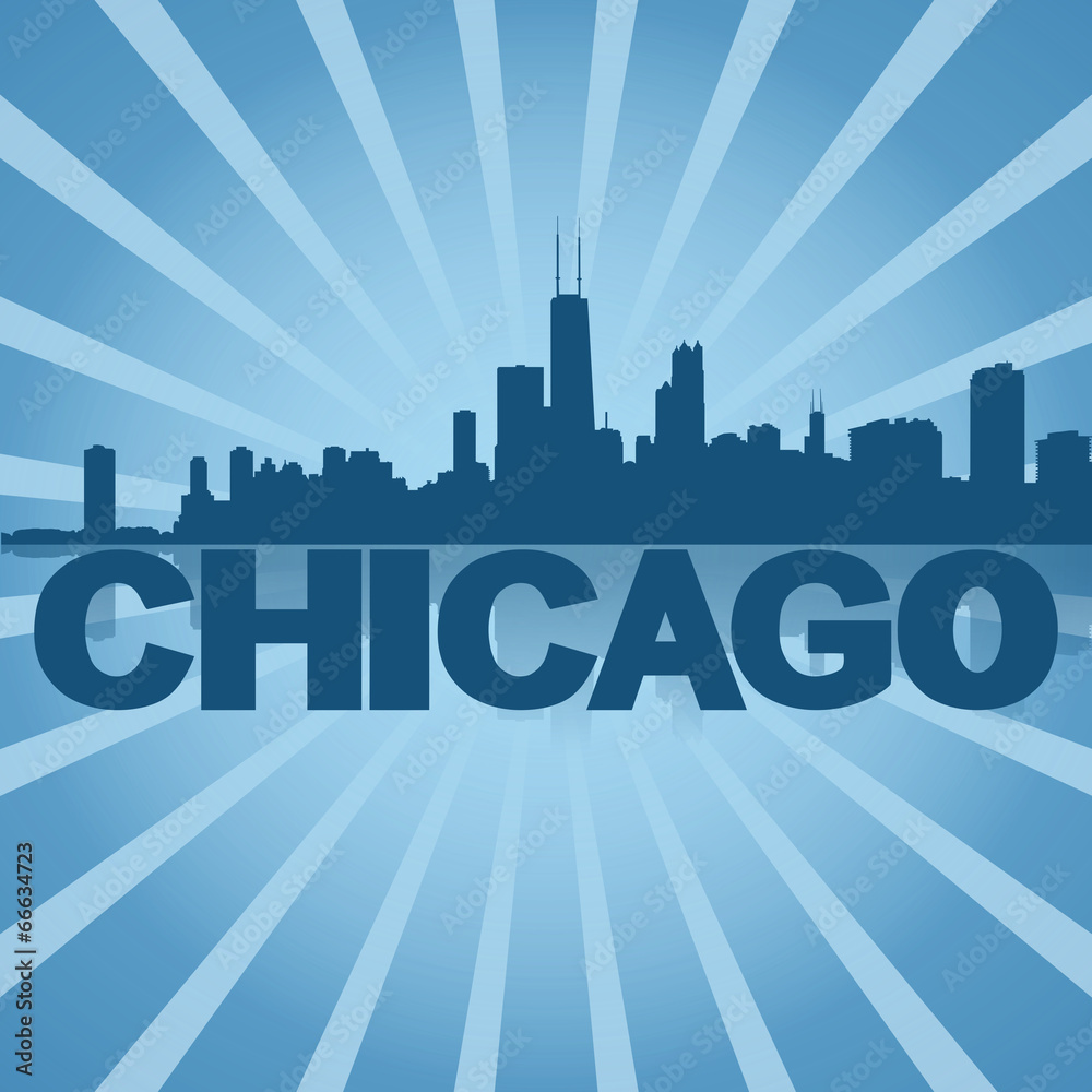 Chicago skyline reflected with blue sunburst illustration