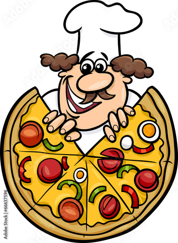 italian chef with pizza cartoon illustration