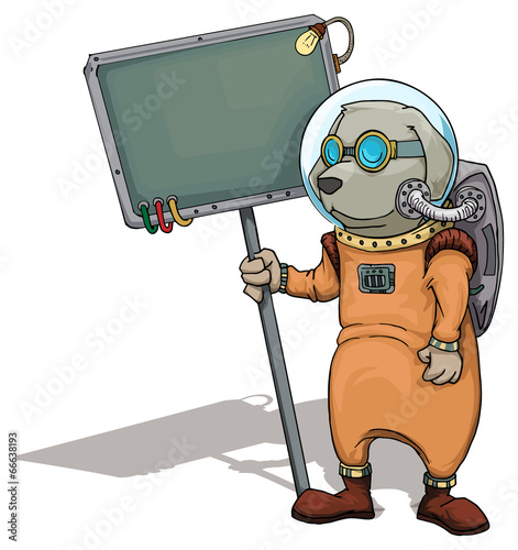 Alien dog character,in a space suit, holding a sign