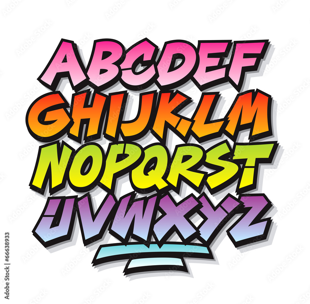 Fototapeta Komiks graffiti jasne kreskówki doodle alfabet czcionki. Wektor