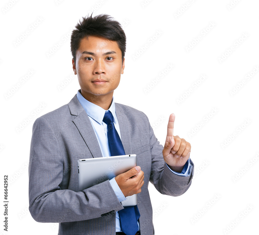 Business man with tablet and finger point up Business man with tablet and finger point up