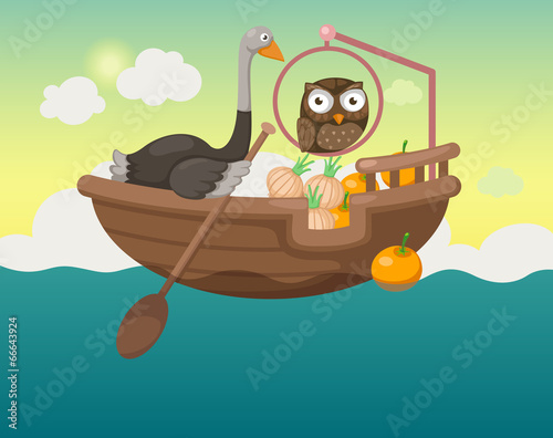 Fototapeta Naklejka Na Ścianę i Meble -  ship in the sea with owl and ostrich