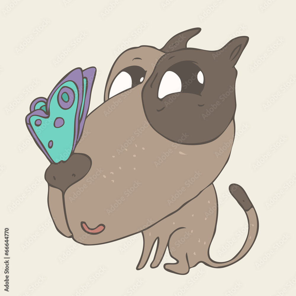 cute puppy dog with butterfly on nose, pet, vector illustration