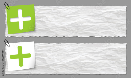 set of two banners with crumpled paper and plus symbol