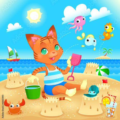 Young cat makes castles on the beach.