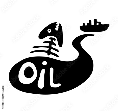 fish bone in oil slick, water pollution concept