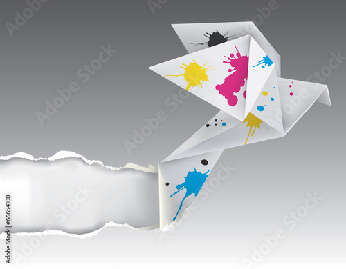 Origami bird with ink ripping paper