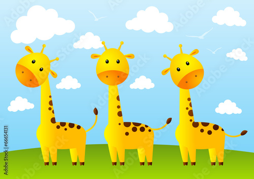 Funny giraffes on meadow background