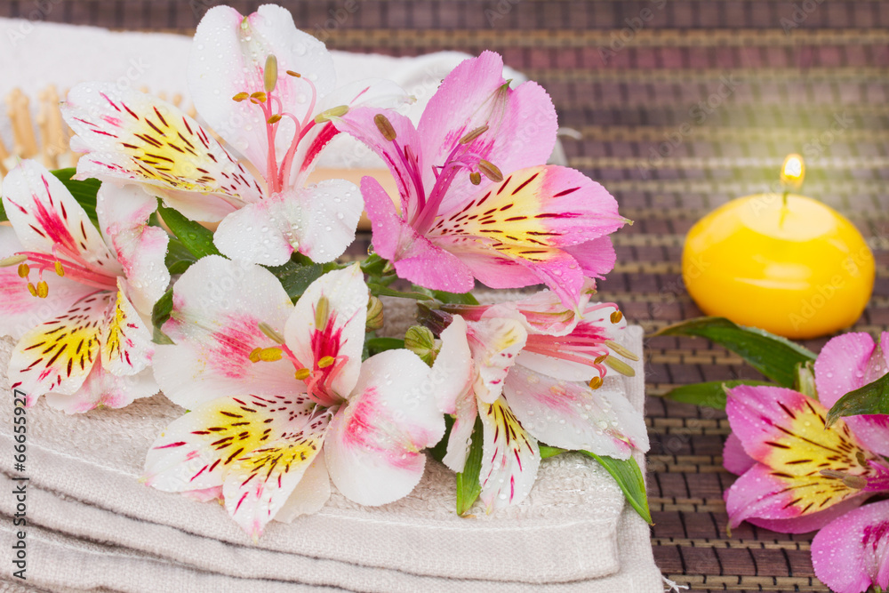 spa setting with alstroemeria flowers spa setting with alstroemeria flowers